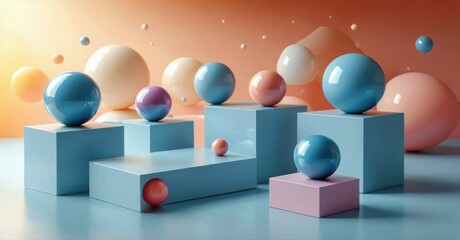 Obraz premium Abstract composition featuring spheres atop cuboid platforms. Soft gradients create warm, inviting visual experience. Minimalist design.