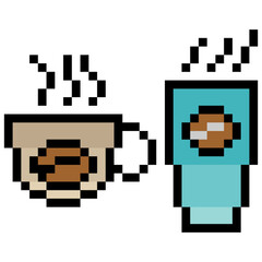Coffee cup with 8 bit retro style pixel art.