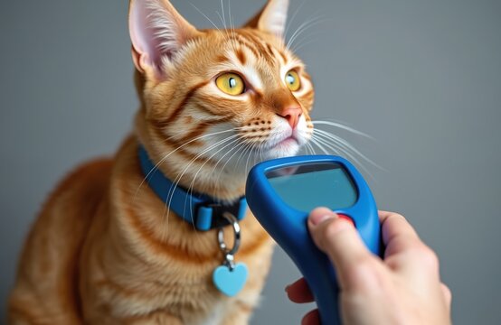 Ginger cat with blue collar on microchip scan by a hand holding a reader. This close-up shot focuses on pet identification and modern veterinary tech. It shows animal registration and safety checks.