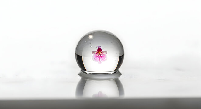 Pink orchid flower encapsulated inside a crystal clear glass sphere ball on bright reflective floor. Creative concept of preservation, beauty, nature, magic, and minimalism