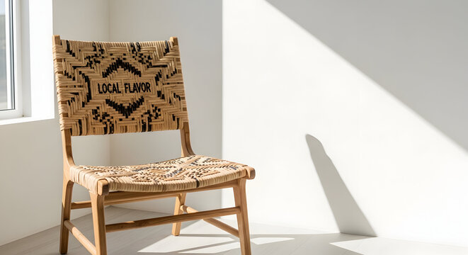 Minimalist bohemian style woven bamboo chair in a bright empty room with window shadows. Modern rustic rattan interior furniture for eco-friendly architectural design