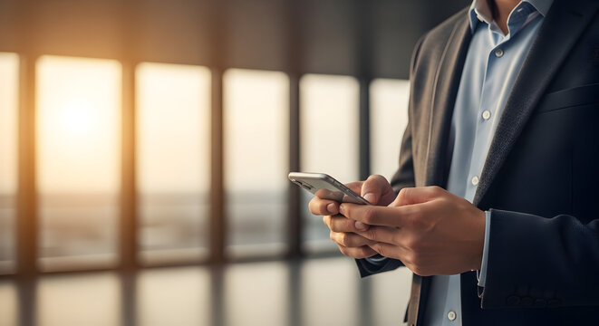 Eksekutif korporat mengirim pesan di ponsel pintar dalam kantor modern mewakili komunikasi bisnis efisien