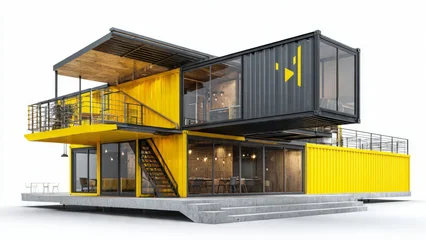 Modern shipping container building with yellow accents   © Cedric
