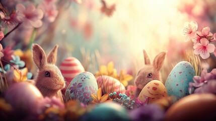 Obraz premium Little bunnies finding colorful Easter eggs in spring garden. Cute bunnies celebrating Easter surrounded by decorated eggs and blooming cherry blossoms