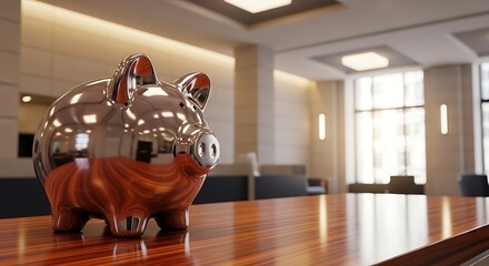 Shiny Metal Piggy Bank on Wooden Table.