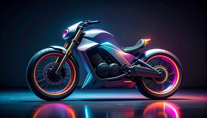Fototapeta premium Sleek futuristic concept motorcycle gleaming with vibrant neon illumination in a professional dark studio setting, creating captivating reflections on a polished surface