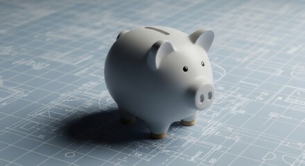 White Ceramic Piggy Bank on Grey Background.