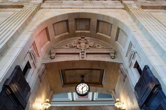 The arch and hanging clock inside Union Station. Kansas City, Missouri &ndash; September 2022