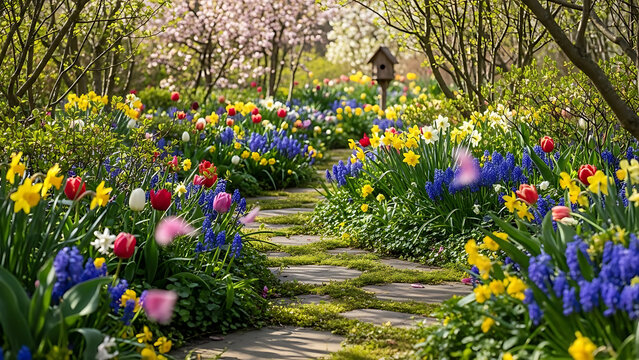 Stone pathway winding through a vibrant spring garden filled with colorful tulips, daffodils, and hyacinths under a soft, dappled sunlight