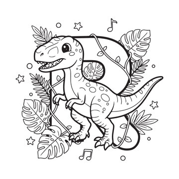 R is for Raptor Dinosaur Coloring Page for Kids Black and White Line Art