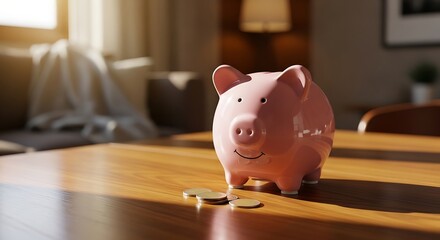 Pink Piggy Bank on Wooden Table Saving Money.