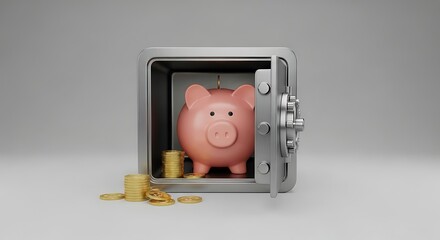 Piggy Bank Inside Open Safe with Coins.