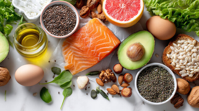 A variety of healthy foods including fish eggs nuts and fruits on a white surface