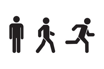 Man stands, walk and run icon set. People symbol. Person standing, walking and running illustration. Run, walk, stand. Vector illustration