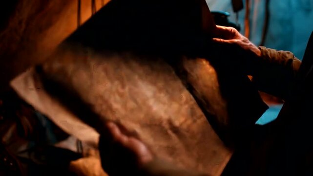 Pirate Examining Treasure Map by Lantern Light.