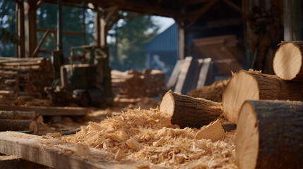 Fototapeta premium Inside the sawmill, the sound of chopping and machinery processing heaps of chopped tree wood into planks illustrates the interconnectedness of nature and industry. cinematic color correction,