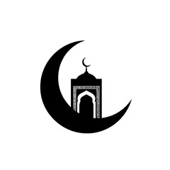 Ramadan crescent moon with mosque silhouette