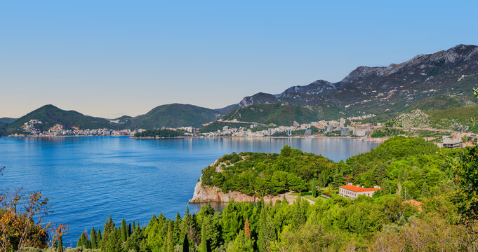 Budva Bay and Miločer Coastline Sunrise Panorama