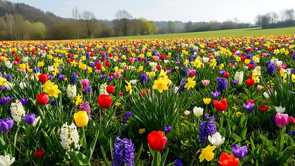 Obraz premium A vast field of vibrant spring tulips, daffodils, and hyacinths in red, yellow, purple, and white under a bright sky with distant trees