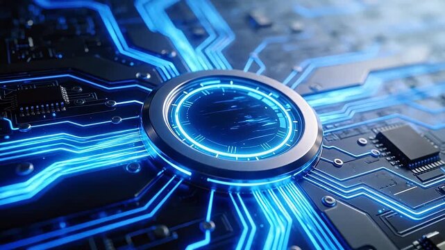 Circuit board with glowing blue lines