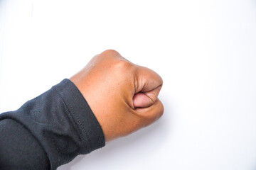 Fototapeta premium Hand holding or pointing to something on white background, Clipping path. With black t-shirt