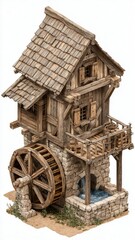 Obraz premium Old Water Mill Diorama Scene with Wooden Wheel and Stream