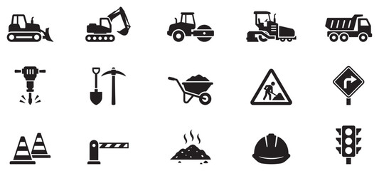 Road construction icons set. Road Construction Icons. Road Construction. Solid icon set of Road construction. Vector Illustration.