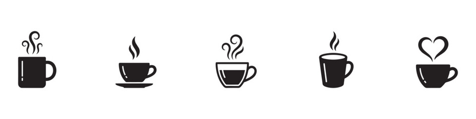 Coffee cup icon set. Cups of coffee tea collection. Hot drink icon. Disposable cup. Cup coffe with steam. Flat style. Vector Illustration. Vector Graphic. EPS 10