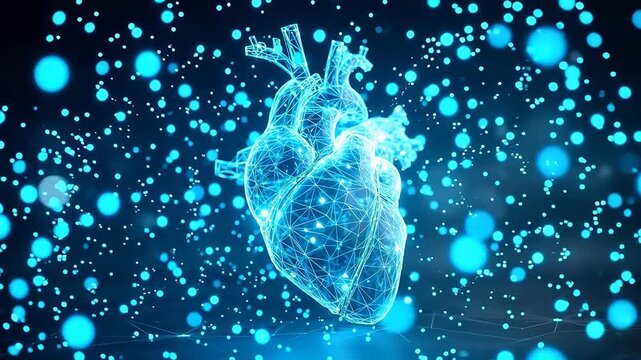 Digital heart with glowing particles