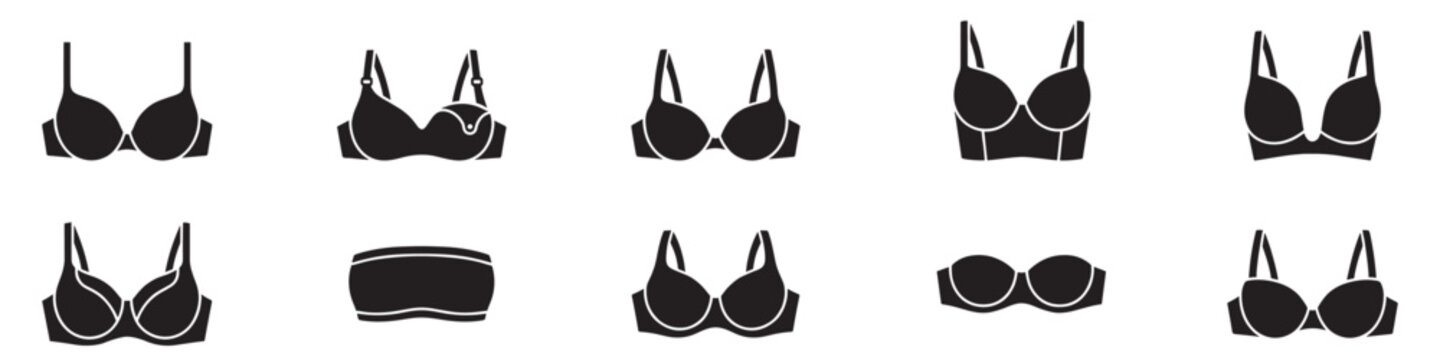 Vector icon set of women lingerie silhouettes featuring different types of bras isolated on white background