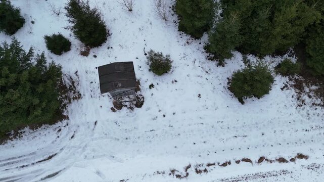 Aerial drone footage of a wooden hunting stand (high seat) surrounded by snow-covered forest in Podlaskie region, northeastern Poland. Winter landscape with evergreen trees and rural wilderness scener