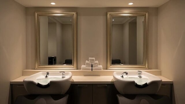 Luxurious hotel bathroom with double sinks and mirrors
