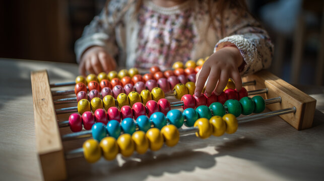 A preschooler uses beads to play with mathematical counters, providing early math education, Montessori-style games, and cognitive development through tactile learning.
