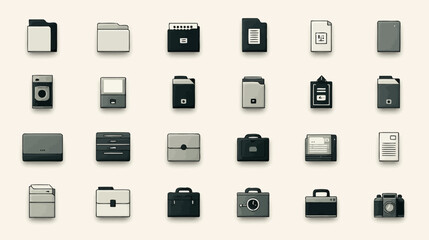 Retro Digital Icons Collection: Minimalist Folders, Documents, Files, and Storage Devices in Vintage GUI Style