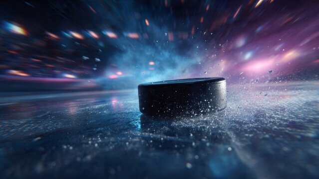 Hockey Puck Lies Ready on Icy Arena Surface


