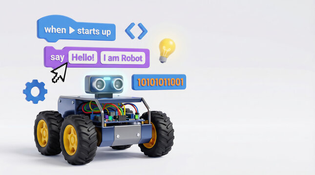 A small machine robot designed for stem education helps children learn coding with colorful visual blocks.