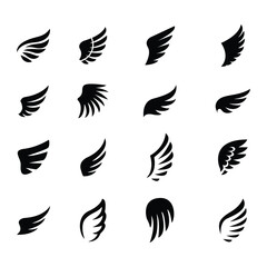 Fototapeta premium Angel Wing Silhouette Icon Set Bird Wings, Flying Feather Wing Shapes Black Vector Collection for Logo, Tattoo, Fantasy and Design Elements.eps10