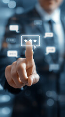 Businessman touching three star rating and customer review icon