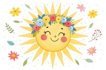 Happy Sun with Floral Crown Spring Flowers Cute Illustration