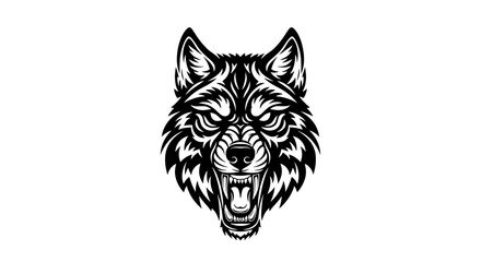 Fototapeta premium Fierce Wolf Head Black and White Illustration, Aggressive Animal Portrait