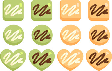 a set of Pink Green Tea Matcha Orange Citrus Love Dark Chocolate White Vanilla Drizzle Bites Milk Heart Desserts Illustration Vector Clip Art