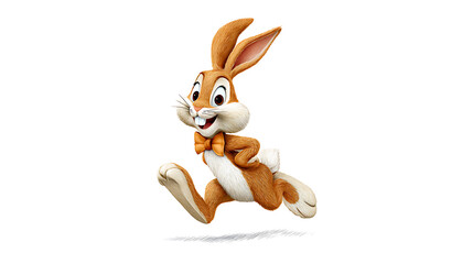 Smiling cartoon Easter bunny mid-run dynamic pose isolated on white background