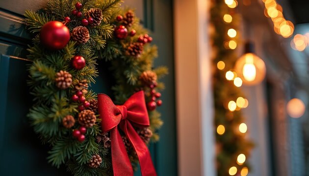 Green christmas wreath hangs on dark teal door with red bow. Pinecones berries ornaments adorn branches. Warm bokeh lights twinkle on nearby wall.