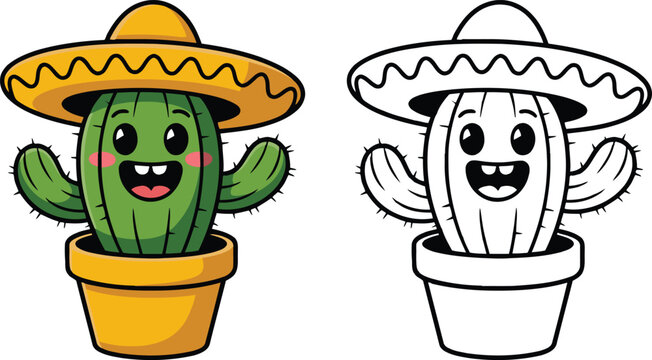 Cute Mexican Cactus Cartoon Character with Sombrero