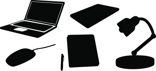 Workspace Silhouette: A set of modern workspace essentials cast in stark silhouettes, showcasing the sleek forms of a laptop, notepad, lamp, pen and mouse. 