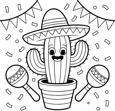 Cinco de Mayo Cactus Coloring Page with Sombrero, Maracas, and Confetti for Kids