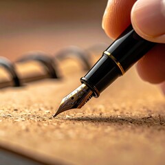 Close Up Of A Hand Holding A Black Fountain Pen Writing On A Textured Notebook With Shallow Depth Of Field