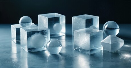 Clear ice cubes, spheres present. Minimalist composition, cool tones dominate. Reflective surfaces create interesting shadows, visual texture.