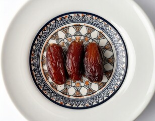 Three Ripe Medjool Dates Glazed with Syrup on a White Plate with Intricate Blue and Orange Pattern Top Down View Studio Shot
