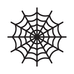 A simple black and white illustration of a classic circular spiderweb design